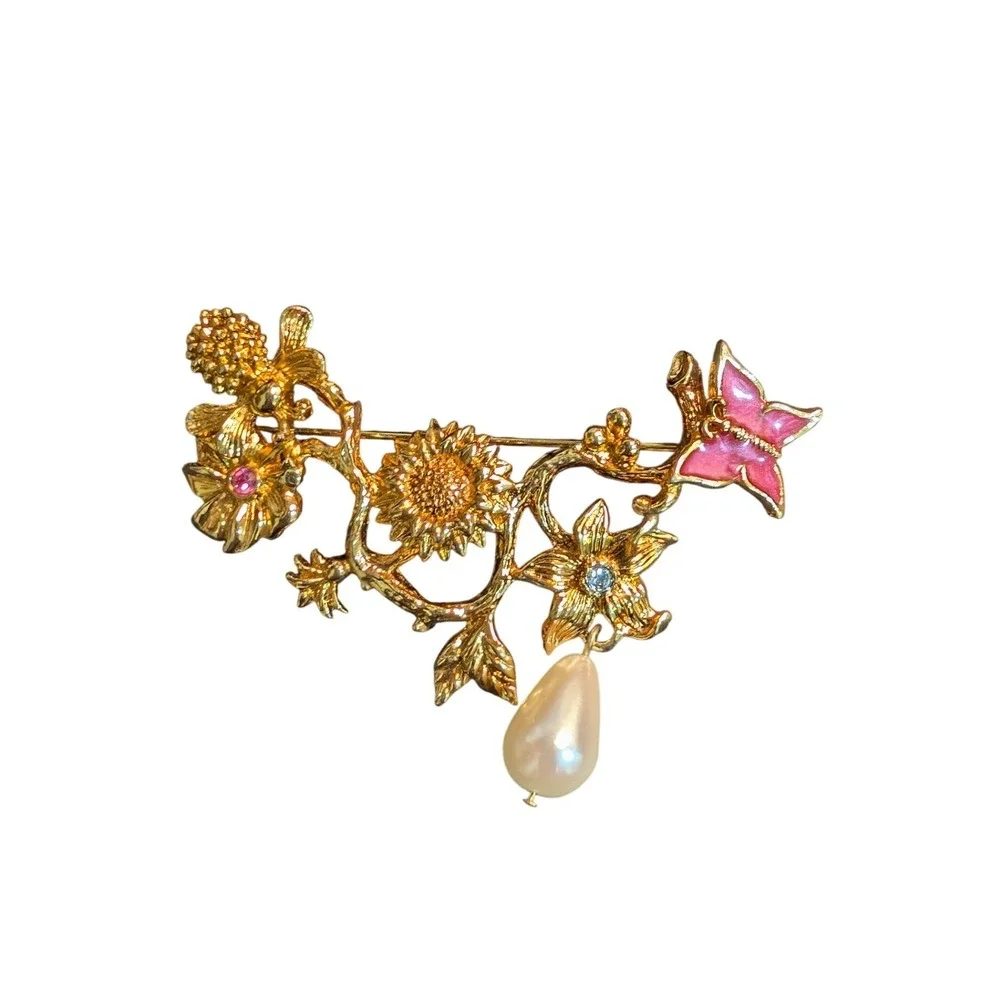 Vintage Gold Tone Sunflower Butterfly Brooch Pink Enamel Faux Pearl Drop Pin
